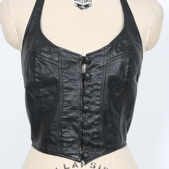 Vintage Black Leather Halter Top Stagecoach Biker Motorcycle Festival Concert - Picture 3 of 6